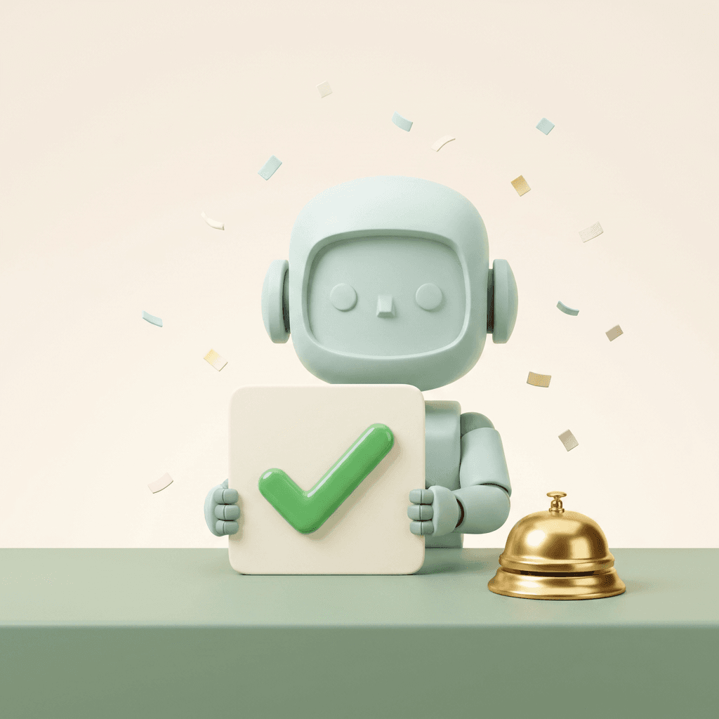 De boeqy robot viert een bevestigde boeking
