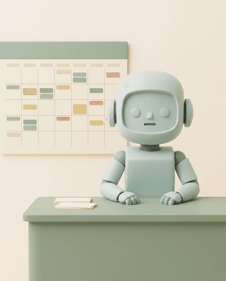 De boeqy robot neemt boekingen aan bij een receptie met wandkalender